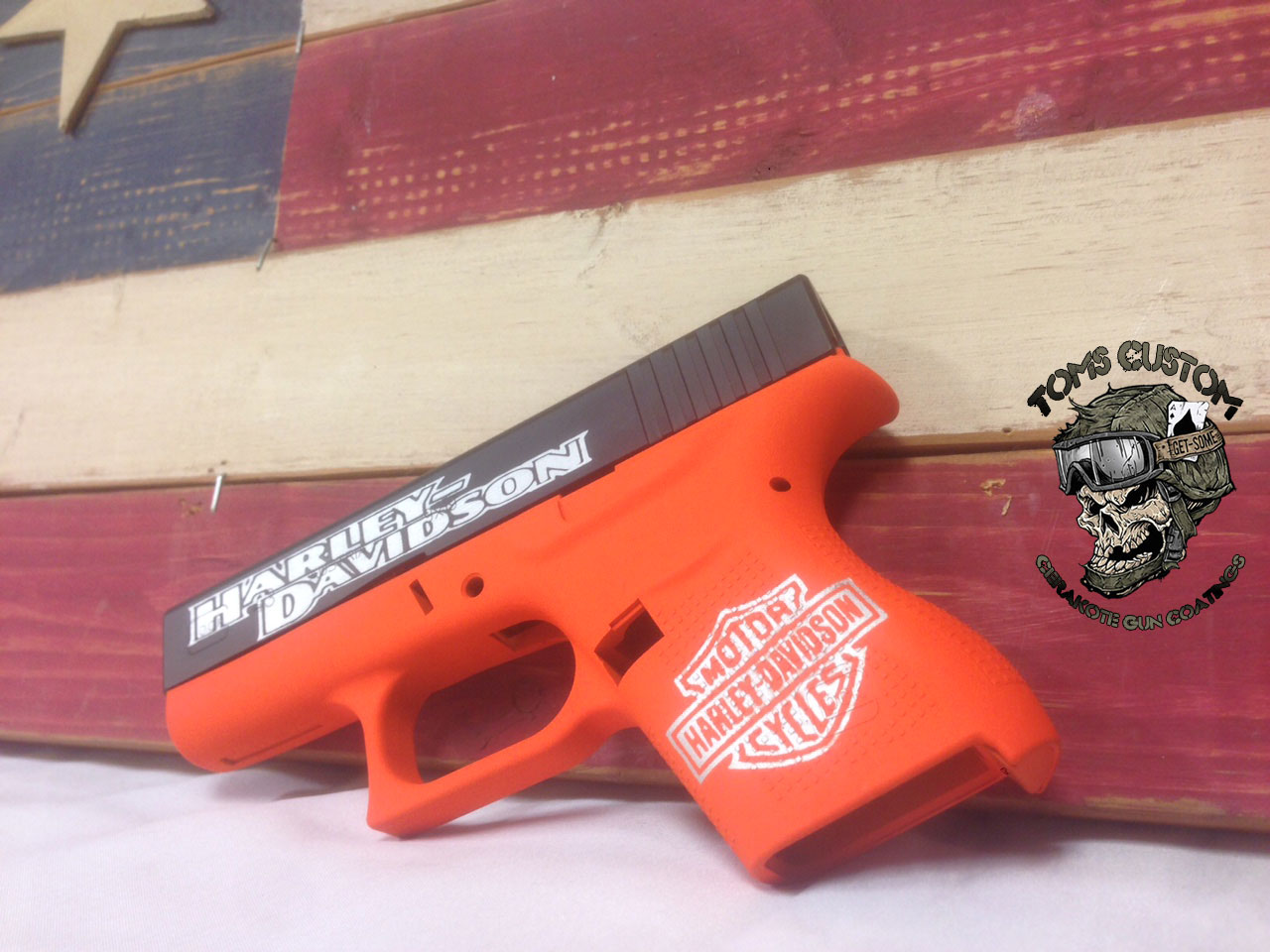Harley Theme Glock done in Cerakote 3 colors Toms Custom Guns